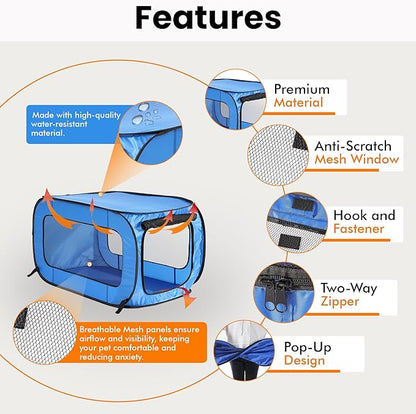 Beatrice Home Fashions Portable, Collapsible, Pop Up Kennel Travel Cat and Dog Crate, 32.5" L x 19.5" W x 19.5" H, Blue