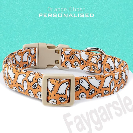 Faygarsle Halloween Ghost Pattern Dog Collar with Charm, Orange and White,for Small Medium Large Dogs S