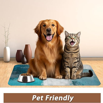 Turquoise Grey Dog Cat Food Mat,Teal Modern Art Absorbent Pet Feeding Mat for Food and Water,Non-Slip Dog Bowl Mats Floor Protector 12"x20"