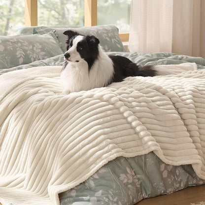 Bedsure ComfyFleece™ Waterproof Dog Blankets for Large Dogs - Soft Pet Cat Blanket Corduroy Fleece for Couch Bed Protector Washable, Cozy Calming Reversible Furniture Protection,50"x60", Cream