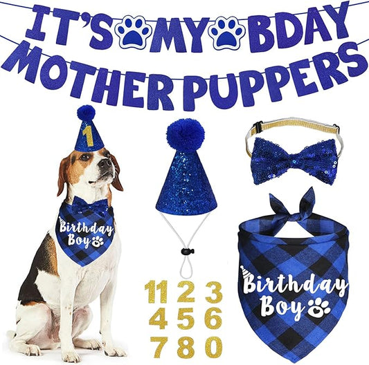 Dog Birthday Party Supplies, Multi Sizes Dog Birthday Hat with Numbers Bandana Bow Tie It’s My Bday Mother Puppers Sign Banner for Medium Large Dogs Pets (Large, Blue)