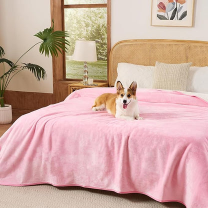 Sunheir Waterproof Blanket for King Size Bed - 108"x86" Soft Reversible Sherpa Fleece Flannel Dog Blankets for Large Dogs, Pet Blanket for Bed, Couch, Soft Plush Furniture Protector, Pink