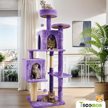 58.5inch Large Cat Tree Tower Condo for Indoor Cats, Soft Plush Multi-Level Climbing Tree Cat House, Scratching Post, More Entrance/Exit, Sisal Rope, Violet Purple