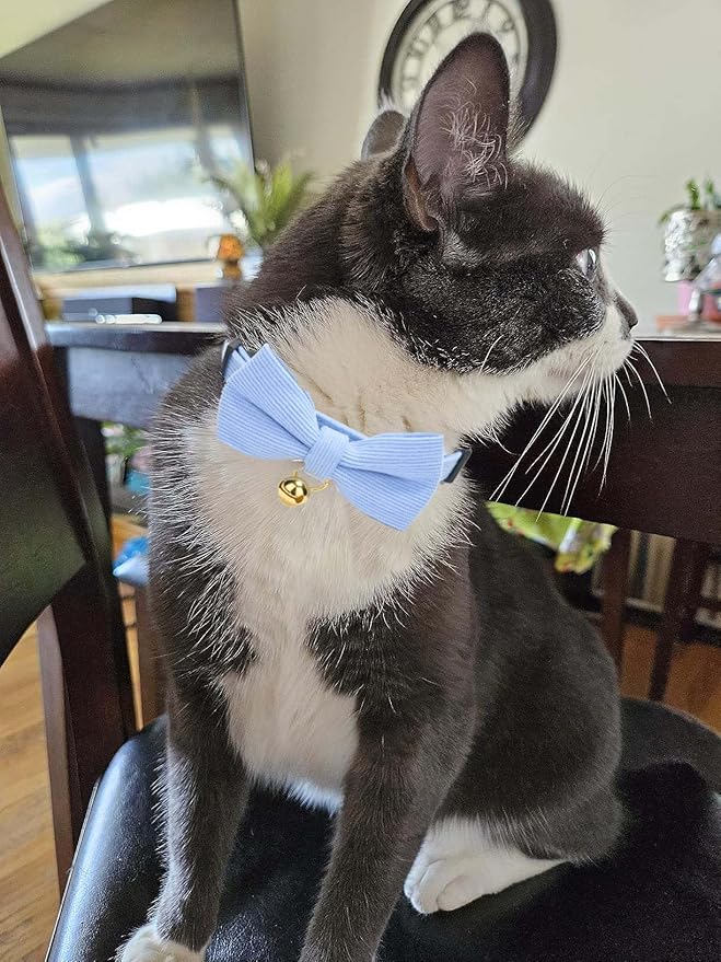 Cotton Breakaway Kitten Collar with Bow Tie and Bell Adjustable Cute Soft Corduroy Cat Collars for Small Cats(Blue,XS)