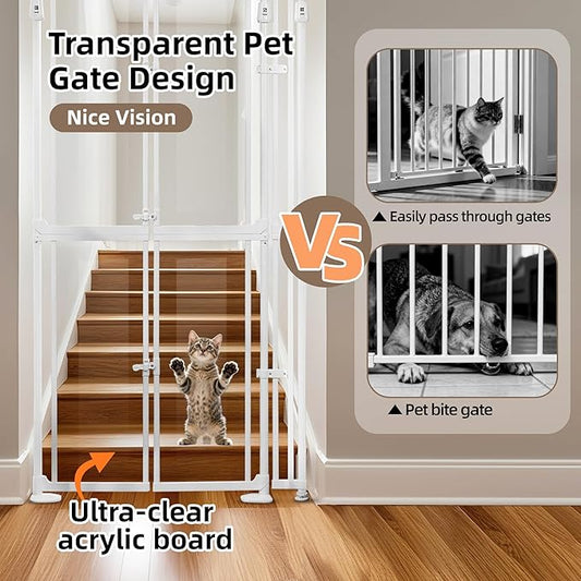 74.80-98.43'' Extra Tall Cat Gate, Adjustable 33.86 and 41.7" Wide, Transparent Full Door Pet Gate, Auto Close No Drilling Cat Proof Safety Gate for Doorway Stairs- White