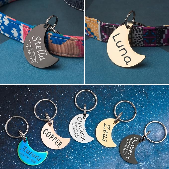 Anavia Personalized Pet ID Tags, Stainless Steel Glossy Laser Engraved Dog Cat Collar Name Tags, Multiple Colors Shapes Sizes (Moon, Regular)
