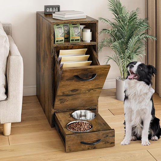 DWVO Dog Feeding Station with Storage, Dog Food Cabinet with 2 Feeder Bowls, Pull Out Elevated Dogs Bowl, Rustic Brown