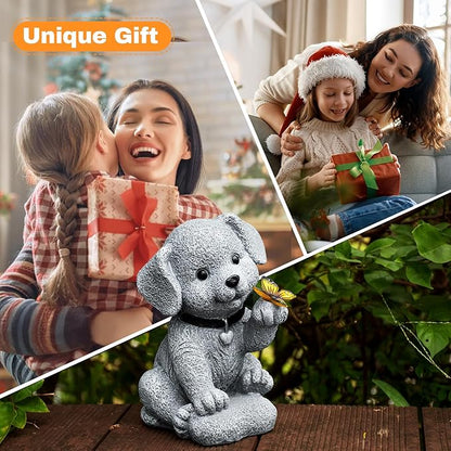 Solar Dog Garden Statue with Lantern Light – 8.2in Outdoor Dog Figurine for Women, Mom, Grandma,Garden Gifts，Home Decoration with Butterfly