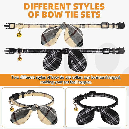 KOOLTAIL Cat Collar Breakaway with Bowtie and Bells, 2 Pack Cute Kitten Collars for Boys & Girls, Classic Plaid Design with Safety Buckle Adjustable for Small Large Cats Puppy,Black & Beige