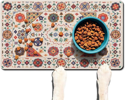 Moroccan Trellis Dog Food & Water Mat, Boho Colorful Vintage Pet Feeding Mat for Floor Non-Slip Waterproof, Super Absorbent Cat Bowl Mat, Easy to Clean Durable Pet Placemat,17" × 30"