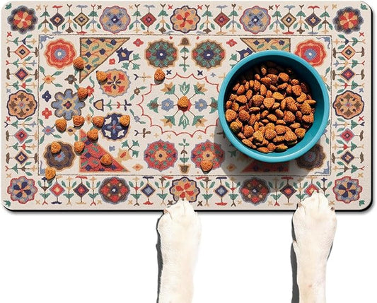 Moroccan Trellis Dog Food & Water Mat, Boho Colorful Vintage Pet Feeding Mat for Floor Non-Slip Waterproof, Super Absorbent Cat Bowl Mat, Easy to Clean Durable Pet Placemat,17" × 30"