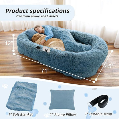 Human Dog Bed, 71''x45''x12'' Size Fits You and Pets, Washable Faux Fur Pet Bed for People Doze Off, Napping Orthopedic Dog Bed, Present Plump Pillow, Blanket, Strap - Rainbow