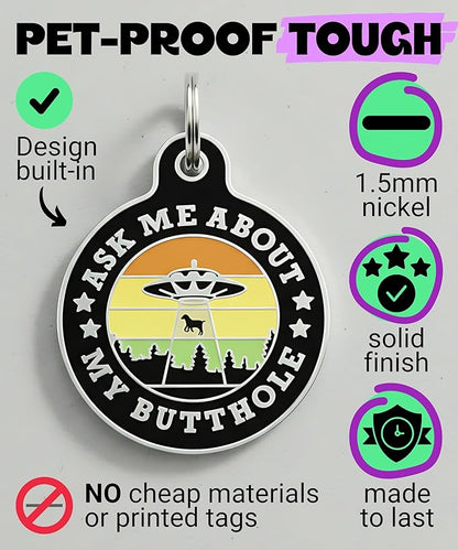 Bad Tags Personalized Dog and Cat ID Tags in 25+ Designs and 2 Sizes - 5 Lines of Custom Engraved Text - Funny Cute Personalized Pet Tags (Ask Me About My Butthole - Black, Large (1.25 inch))