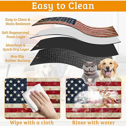 Retro Flag Dog Cat Food Mat,Absorbent Waterproof Placemat for Food and Water Non Slip Rubber Backing Durable Feeding Pad for Clean Floors 16" x 24"