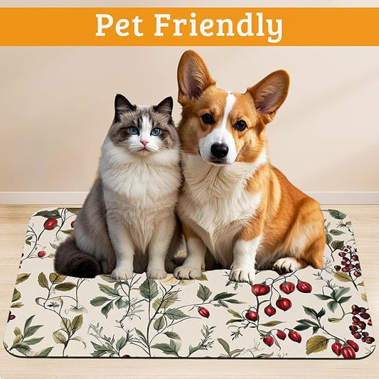 Butterfly Flower Dog Food Mat,Vintage Berry Absorbent Pet Feeding Mat for Food and Water Bowl,Quick Dry Dog Placemat Non Slip Rubber Backing Waterproof Pet Supplies 16" x 24"