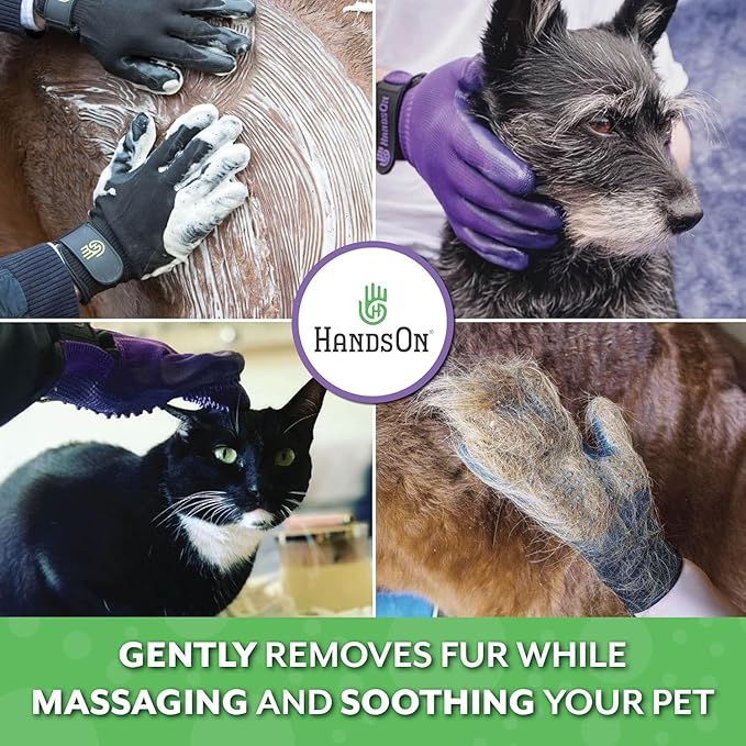 H HandsOn Pet Grooming Gloves - Patented #1 Ranked, Award Winning Shedding, Bathing, & Hair Remover Gloves - Gentle Brush for Cats, Dogs, and Horses (Black, Medium)
