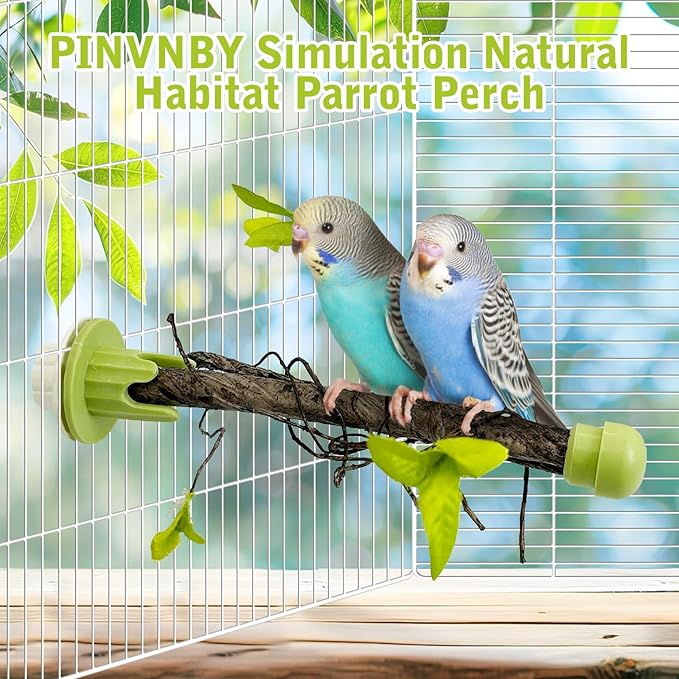 PINVNBY 3 PCS Bird Perches Simulation Branch Parrot Cage Perch Stand with Green Leaf Hanging Paw Grinding Fork Cage Accessories for Parakeets Budgies Finches Cockatiels Conures