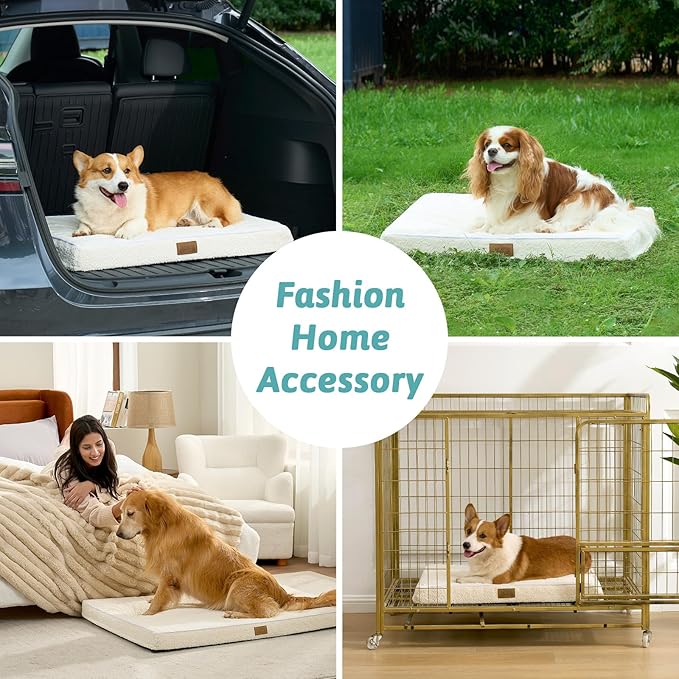 Dog Crate Bed for Large Size Dogs, Rectangular Orthopedic Dog Beds, Foam Anti-Slip Bottom Pet Mat with Washable Removable Cover, Suitable for Pet Up to 75 lbs, 36x27x3 inch, Beige