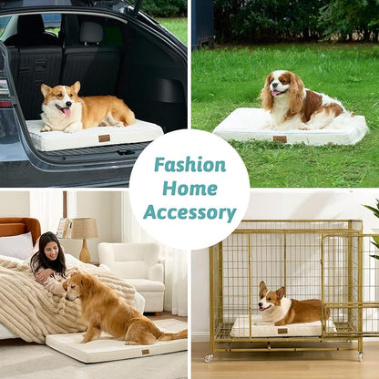 Dog Crate Bed for Large Size Dogs, Rectangular Orthopedic Dog Beds, Foam Anti-Slip Bottom Pet Mat with Washable Removable Cover, Suitable for Pet Up to 75 lbs, 36x27x3 inch, Beige