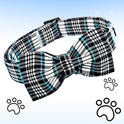 Lionheart glory Dog Bow Collar Blue and Black Plaid Dog Collar for Small Dogs,Boy Dog Collars with Bowtie Spring Summer Collars Soft Adjustable Pet Collar Bows