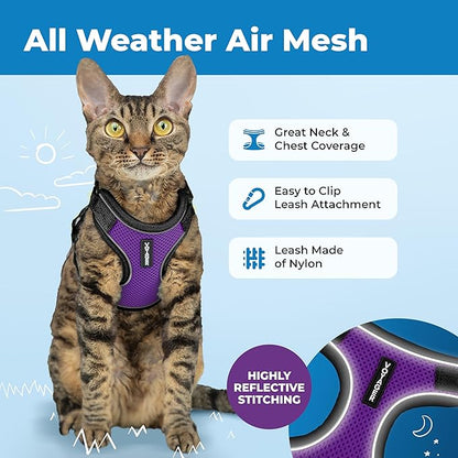 Voyager Escape-Proof Step-in Lock Cat Harness & 5ft Neoprene-Handle Leash Set All-Weather Mesh with Reflective Stitching for Small to Large Cats by Best Pet Supplies, Black Trim-Purple (327), XXS