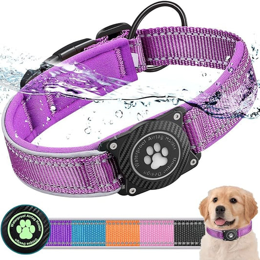 Airtag Dog Collar with Waterproof Air Tag Holder, Luminous Reflective, Soft Padded, Adjustable Nylon Pet Collar for Small Medium Large Heavy Duty Dogs,Purple, S