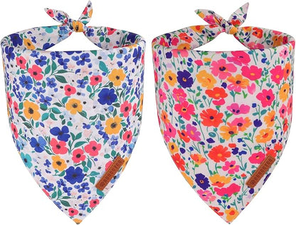 ADOGGYGO Floral Dog Bandanas 2 Pack, Reversible Cute Flower Scarf, Premium Fabric, Adjustable Fit Pink Blue Floral Bandanas for Medium Large Dogs (Large)
