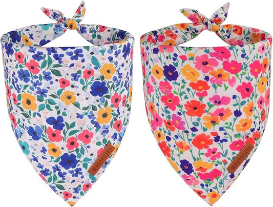ADOGGYGO Floral Dog Bandanas 2 Pack, Reversible Cute Flower Scarf, Premium Fabric, Adjustable Fit Pink Blue Floral Bandanas for Medium Large Dogs (Large)