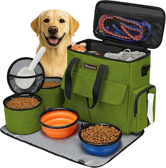 Modoker Dog Travel Bag, Weekend Pet Travel Set for Dog and Cat, Airline Approved Tote Organizer with Multi-Function Pockets and 2 Food Storage Containers, 2 Collapsible Bowls, 1 Feeding Mat (Green)