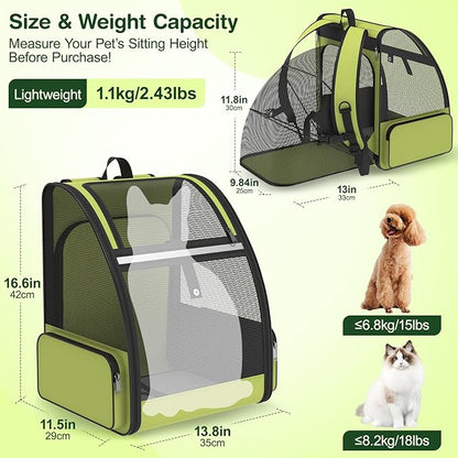 Cat Backpack Carrier for Travel Hiking: Expandable Foldable Breathable Mesh Soft Sided Ergonomic Design Small Dog Puppy Kitty up to 15lbs Camping Outdoor Green