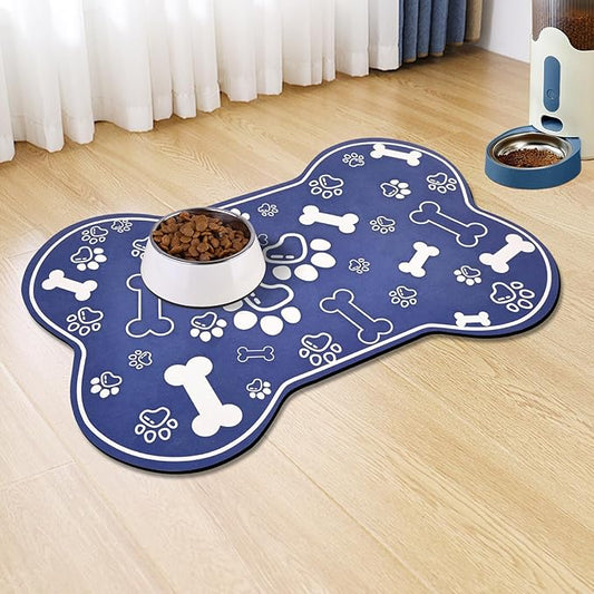 Dog Cat Mat for Food and Water,Rapid Absorbent Pet Feeding Mat, Bone Shaped Dog Placemat Bowl Mat with Rubber Backing,No Stains Pet Food Mats Indoor, Pet Accessories Supplies,Blue 17"×29"