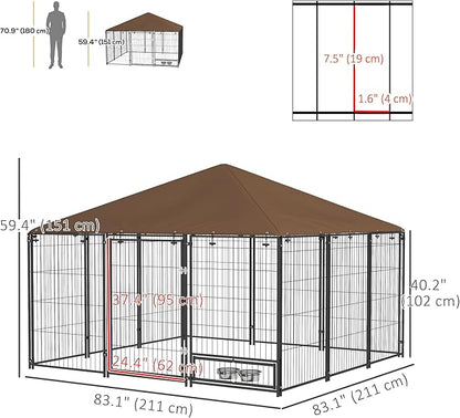 PawHut Outside Dog Kennel, 7' x 7' x 5' Puppy Play Pen with Canopy, Garden Playpen Fence Crate Enclosure Cage Rotating Bowl, for Dogs, Chickens, Ducks, Black