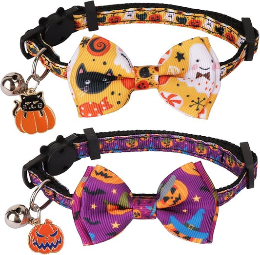 ADOGGYGO Halloween Cat Collars with Bow Bell, Orange Purple Pumpkin Bowtie, Breakaway Halloween Collars for Cats Kittens
