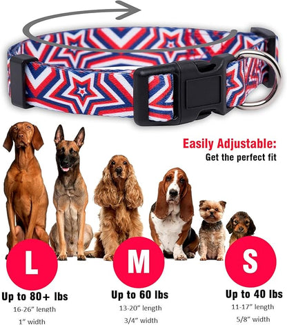 Native Pup American Flag Dog Collar- Red White and Blue- Patriotic Collars for 4th of July, USA- Adjustable Small, Medium, Large Breed Dogs (Medium, Big Stars)
