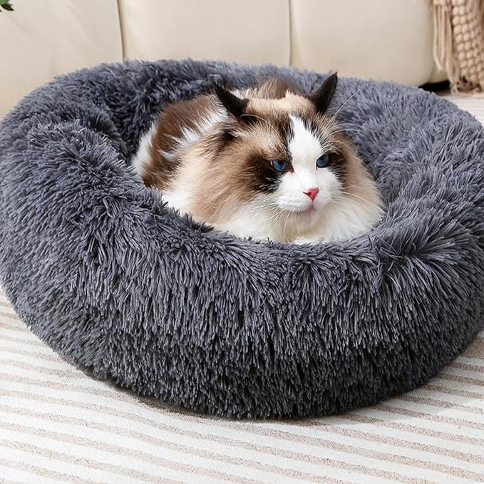Super Soft Donut Cat Bed and Dog Bed Round Plush Pet Cushion Fluffy Rabbit Cave Warm Cozy Anti Anxiety Beds Dog Pillow for Up to 5KG