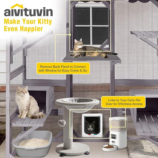 Aivituvin Catio Outdoor Cat Enclosure with 7 Platforms, 2 Resting Boxes, Large Window Cat House for 4-6 Mulitiple Cats Walk in Kitty Cage with Weatherproof Tarp Roof 70"