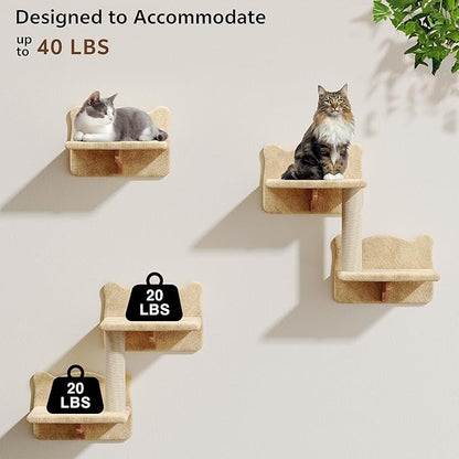 13-in-1 Cat Wall Shelves, Wall Mounted Cats Furniture Set with Plush Fabric, Cat Climbing Wall Systems, Cats Shelf with Moon Hammock, Condo, House, Step, Bridge Ladder, Scratching Post, Beige