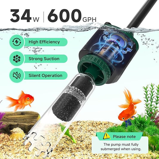 AQQA Fish Tank Cleaner, 34W 600GPH DC Gravel Vacuum for Aquarium, 6 in 1 Aquarium Vacuum Gravel Cleaner Adjustable Water Flow Cleaning Tools for Change Water Wash Sand Water Filter Water Circulation