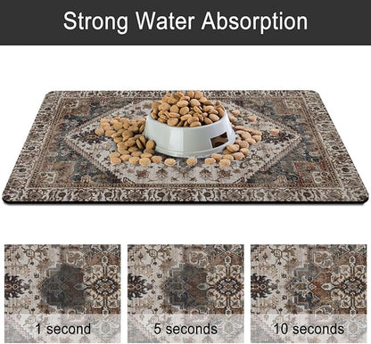Dog Food Mats for Floors, Absorbent and Quick-Drying Pet Cat Food Mat,Anti-Fouling and Easy-to-Clean Pet Feeding Mat,Dog Bowl Mat for Messy Drinking Water Bowls.17 x27, Bohemia Style