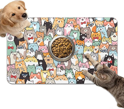 Dog Food Mat for Bowls, Absorbent Quick Dry Dog Cat Mats for Food and Water, Non-Slip Backing Pet Mat Pet Supplies - Cat Pattern
