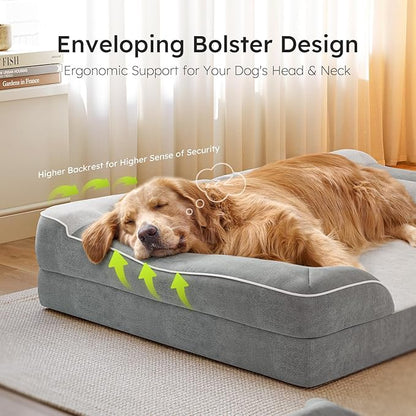 XXL Dog Bed for Extra Large Dogs, Giant Orthopedic Dog Bed with Cooling Gel Memory Foam, Waterproof Pet Bed with Removable Washable Cover, 53" Pet Sofa bed Dutch Velvet with Bone Toy, Light Gray