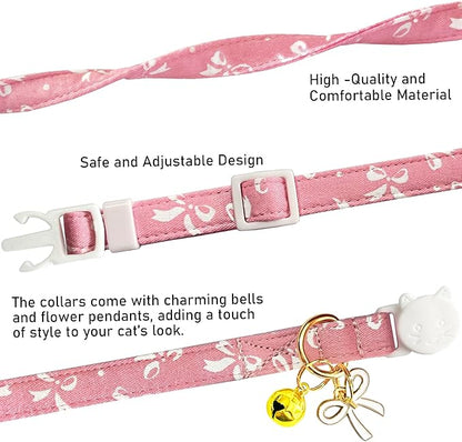 2 Pack Cotton Breakaway Cat Collars Set with Bell and Flower Pendant, Cute Floral Fruit Patterned, Adjustable 7.5-11Inch, Include A Mouse Toy Gift (Bowtie)
