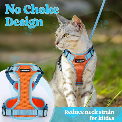 rabbitgoo Cat Harness and Leash Set, Escape Proof Soft Adjustable Vest Harnesses for Outdoor Walking, Easy Control Breathable Kitten Jacket with Reflective Strips, Orange & Light Blue, S