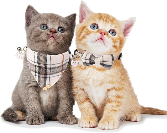 ADOGGYGO Plaid Cat Collar with Bow Bandana - 2 Pack Breakaway Kitten Collar with Removable Bowtie Bell Plaid Cat Bowtie Bandana Collars for Cats Kittens (Beige)