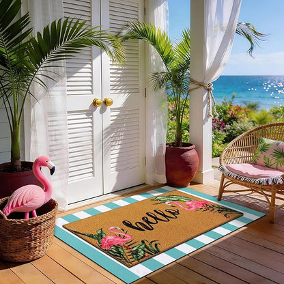 Tinideya 2 Pcs Summer Door Mat Flamingo Welcome Non Slip Coir Hello Mats Floor Layering Doormats Seasonal for Front Porch Entryway Decor(Brown Green White,Hello Flamingo)