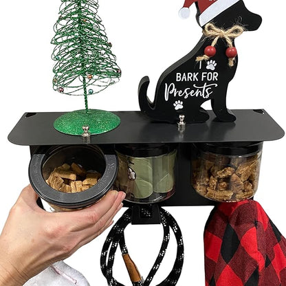 Dog Treat Holder For Wall Storage For Pets, Premium Pet Wall Organizer, Includes Three 16oz Airtight Dog Treat Jars, 3 Sets of Triple Hooks, Sturdy Shelf in Modern Black