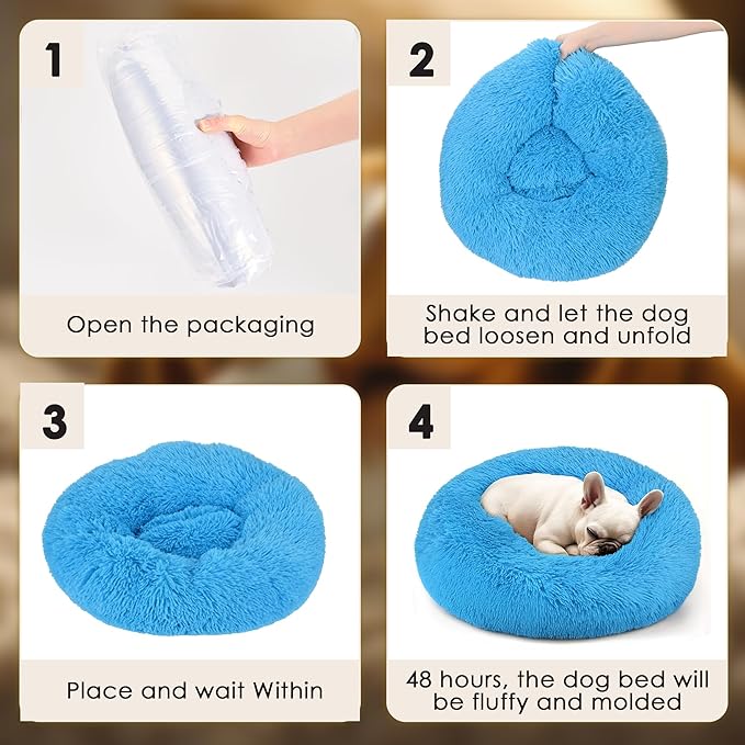 Dogs Bed for Small Dogs, Anti-Anxiety Washable Round Bed (Light Blue, 24.0" L x 24.0" W x 8.0" Th)