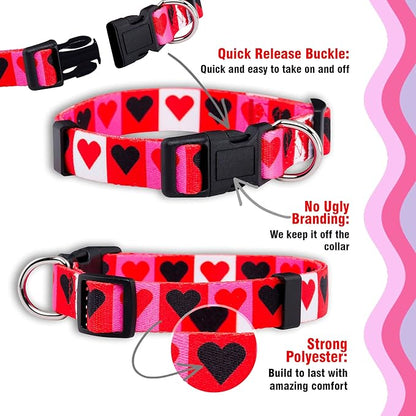 Native Pup Valentine’s Dog Collar- Valentines Day Pet Collars- Valentine Girly Hearts- Pink Red Heart- Cute Boy Girl Puppy Gift- Adjustable for Small, Medium, Large Breeds (Boxed Hearts, Small)