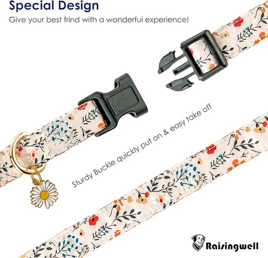 Cute Dog Collar Beige Flower Pattern for Boys and Girls Holiday Dog Collars Summer Fall Gift Adjustable for Medium to X-Large Breed Dogs (L)