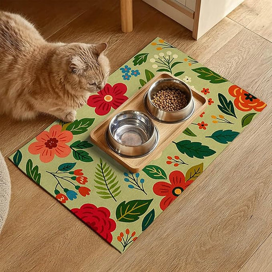 Non Slip Pet Feeding Mat with Floral Design for Dogs and Cats Food Water Bowl Placemat Easy Clean Pet Food Mat for Kitchen Dining Area Home Decor 24 x 16 Inch Absorbent Cat Water Bowl Mat